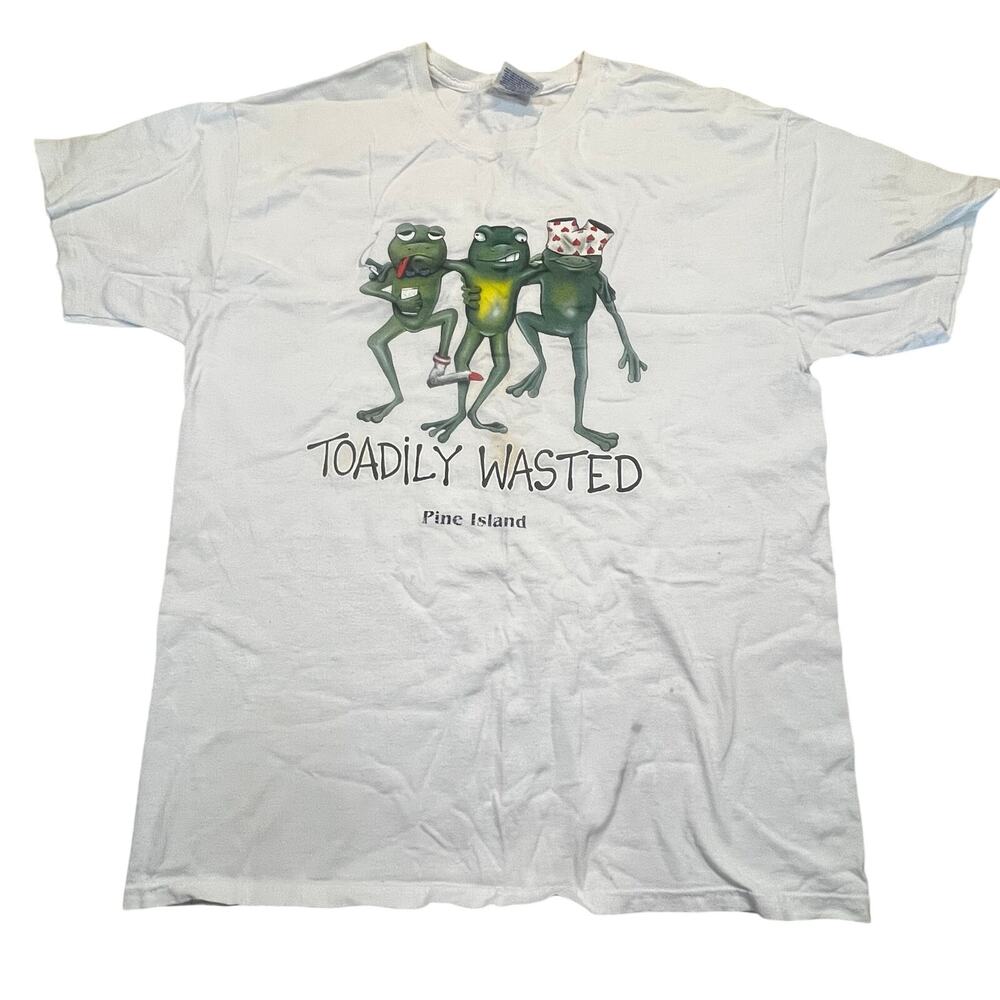 Men Large Funny Frog Drinking T-Shirt‎ Toadily Wasted Pine Island Graphic Tee
